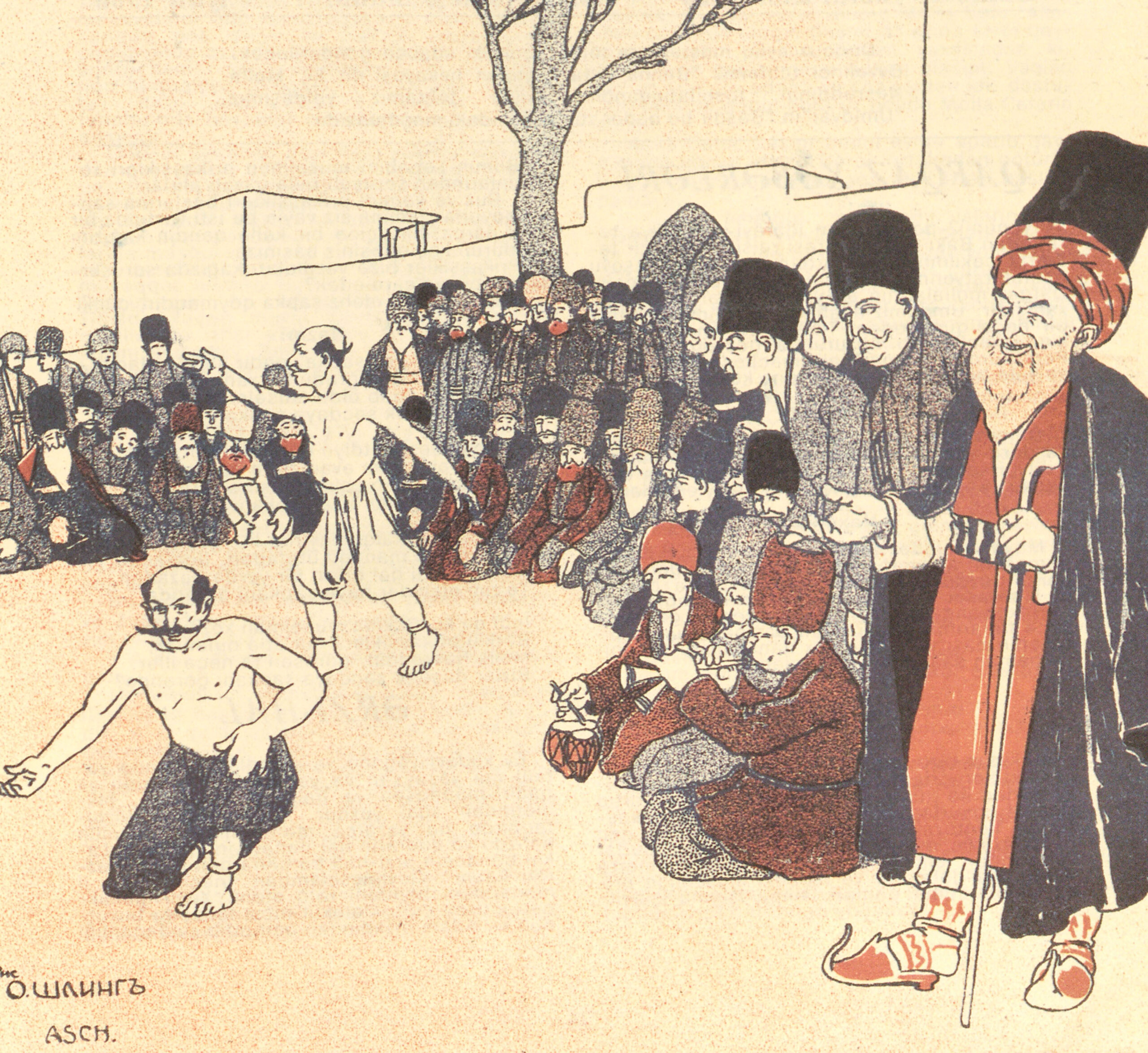 Two Men Preparing to Wrestle Before a Large Male Crowd